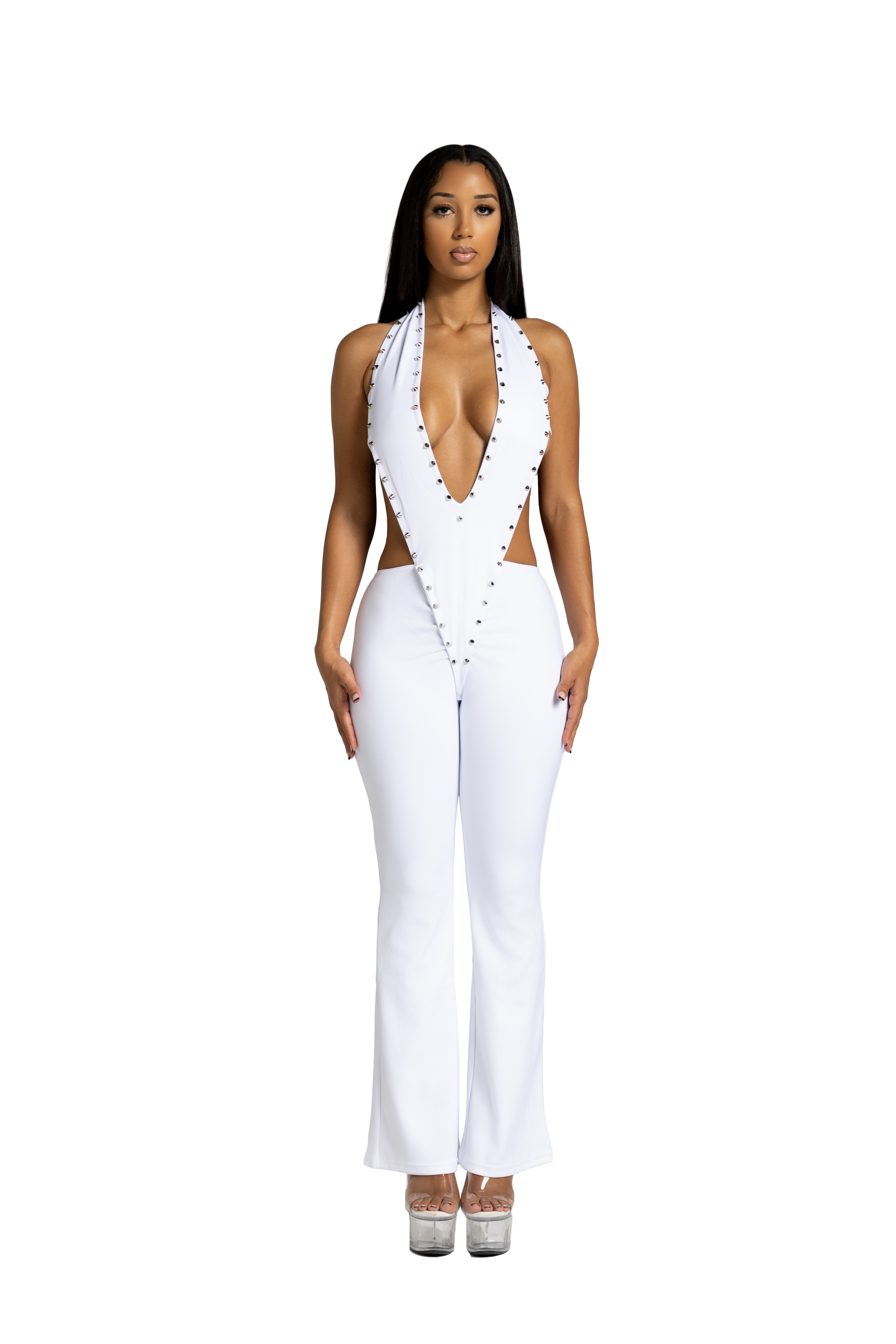 White studded halter jumpsuit with deep V neckline and flared legs